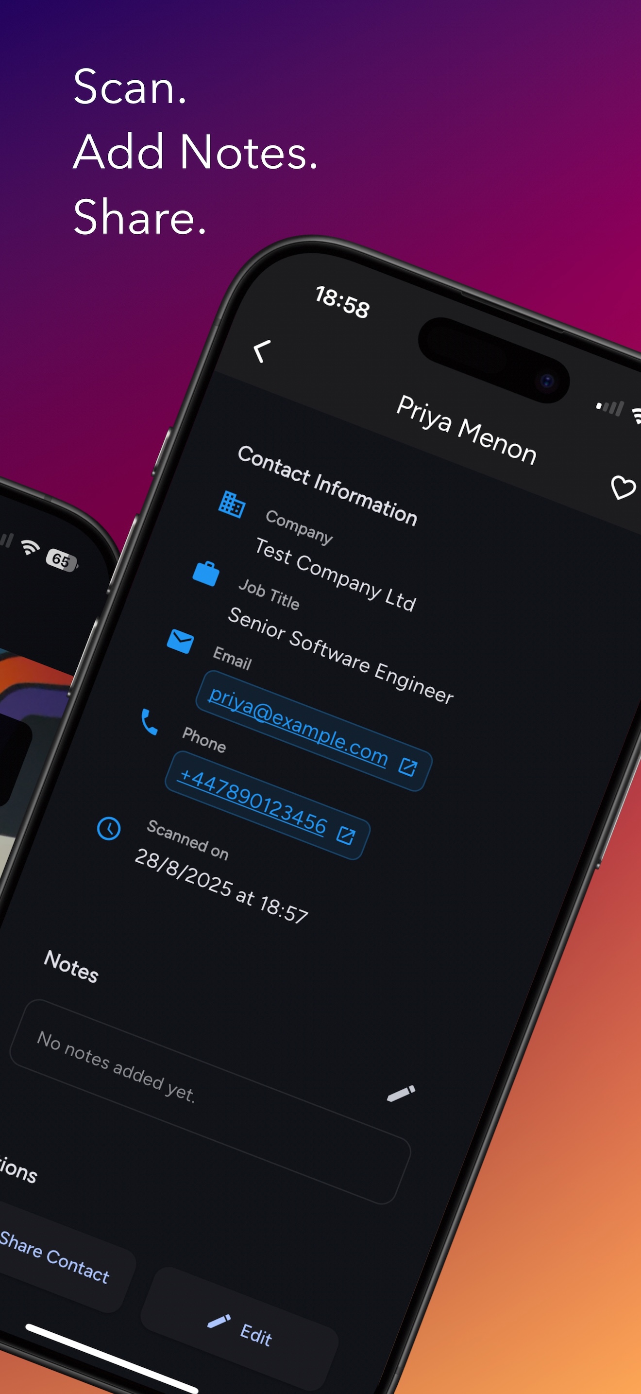 Badgely app contact management interface showing contact details and notes