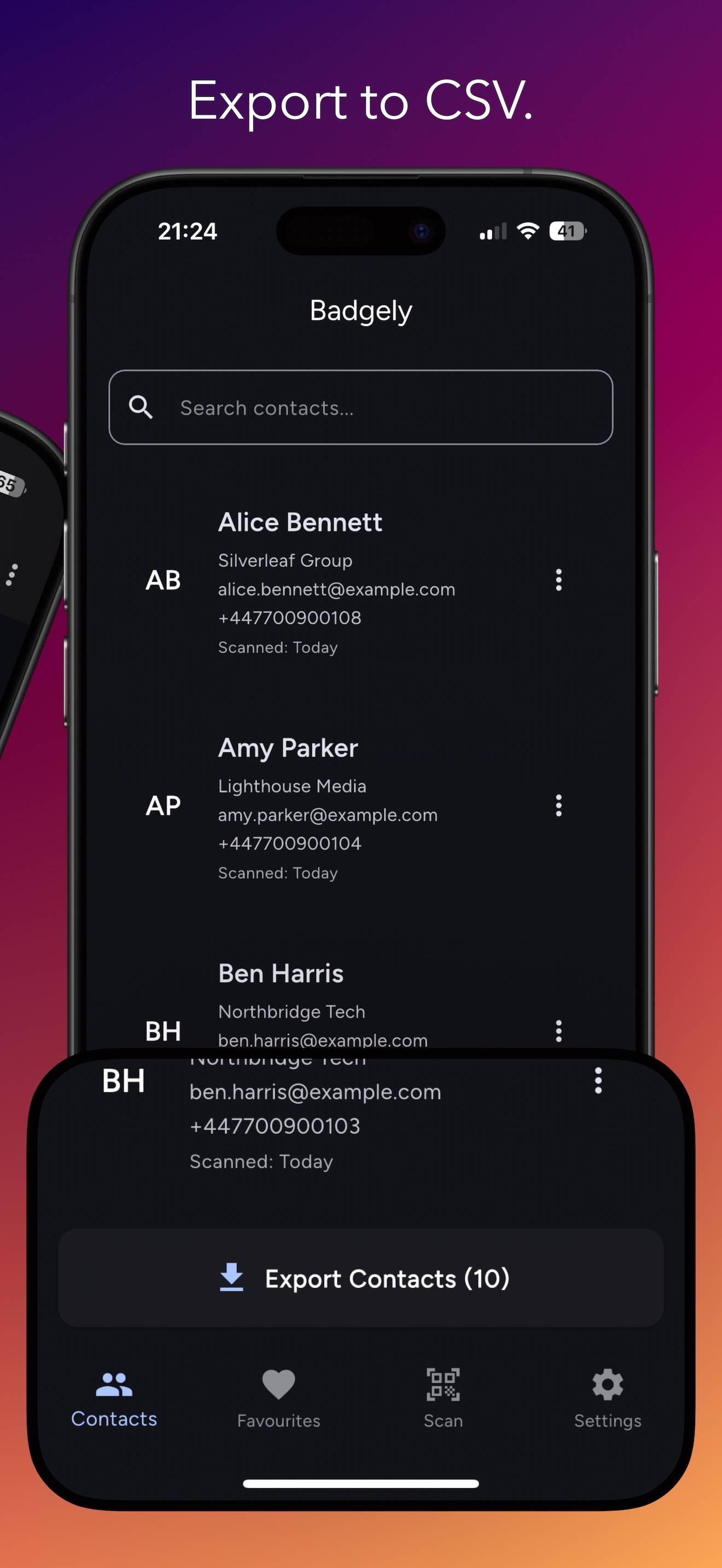 Badgely app contact list with export functionality showing CSV export option